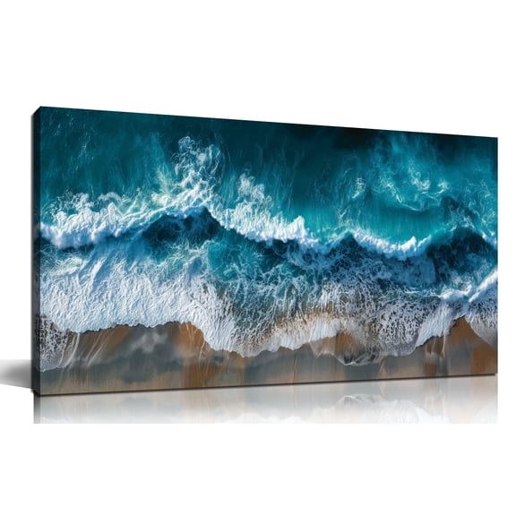 Abstract Ocean Wave Canvas Wall Art Print, Teal Blue Sea Foam Beach Landscape Painting Picture, 40x20 Inch Modern Coastal Decor Artwork for Living Room Bedroom Home Office