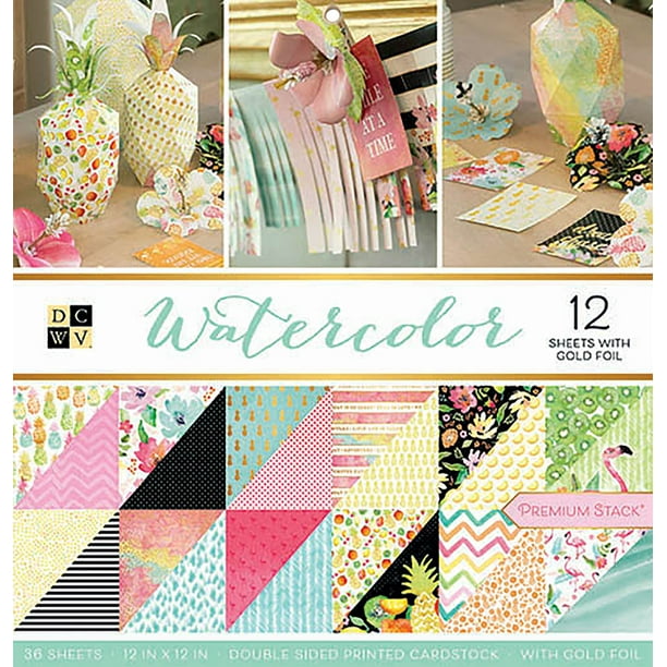 DCWV DoubleSided Cardstock Stack 12"X12" 36/PkgWatercolor W/Gold Foil