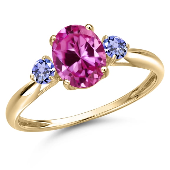 Gem Stone King 10K Yellow Gold Pink Created Sapphire and Blue Tanzanite 3-Stone Ring for Women | 1.95 Cttw | Oval 8X6MM | Gemstone September Birthstone | Size 8