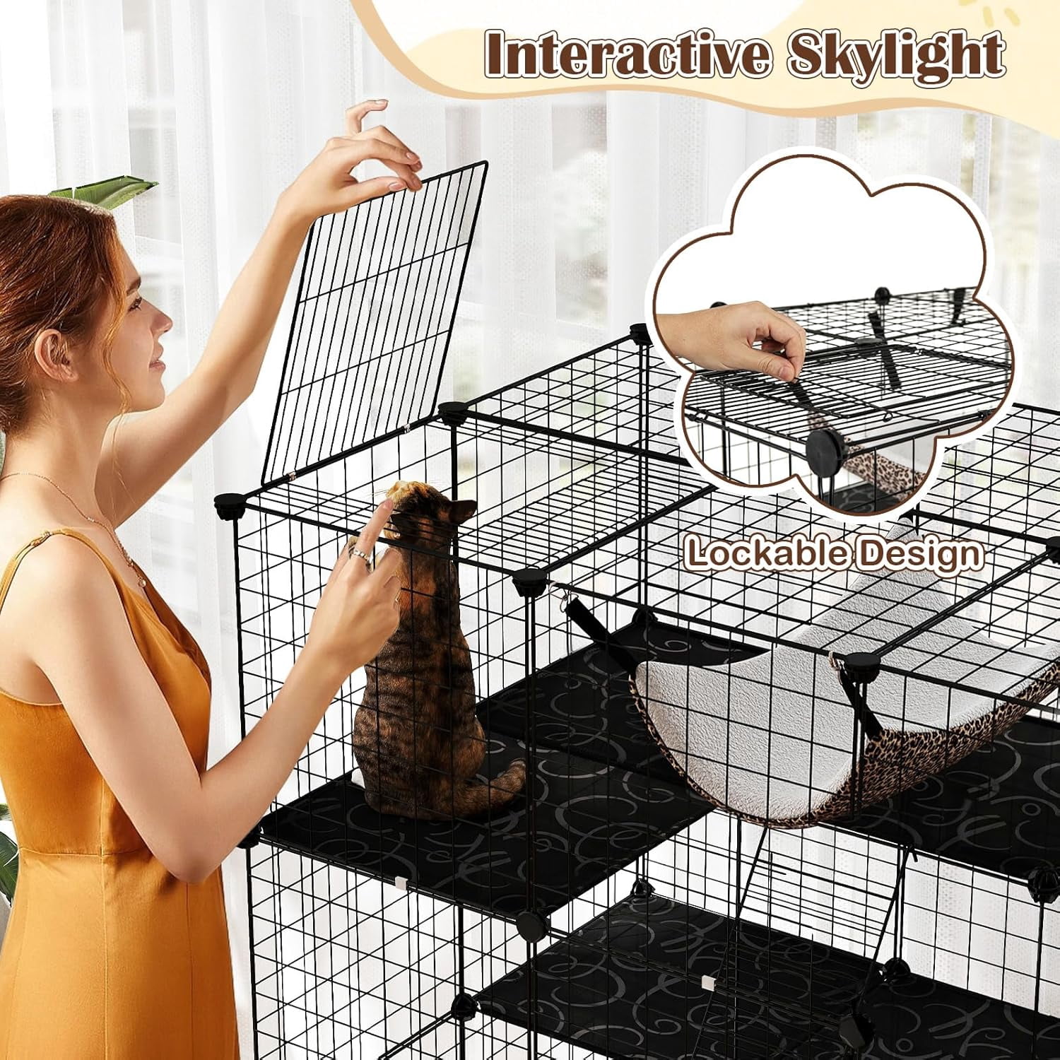 Cat Cages Indoor, 56" Large 4-Tier Cat Enclosure with Skylight, Hammock, 3 Ladders, Detachable Metal Wire Kennel with 4 Lockable Doors, DIY Cat Crate & Pet Playpen Catio for 1-4 Cats