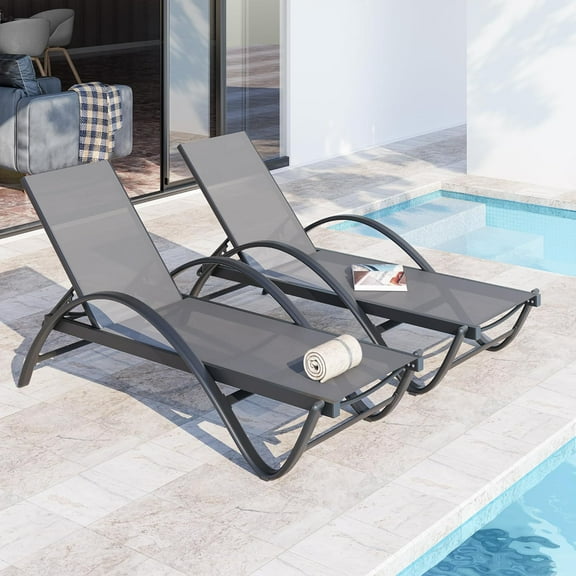 JY QAQA 2PCS Patio Outdoor Lounge Chaise with Wheels, Aluminum Patio Lounge Chair with 5-Position Adjustable Positions for Poolside, Beach, Yard,Light Grey