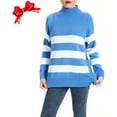 thumbnail image 1 of YOOSMATIC Womens Off Shoulder Striped Sweater Turtleneck Button Side Casual Knitted Pullover Blue Medium, 1 of 5