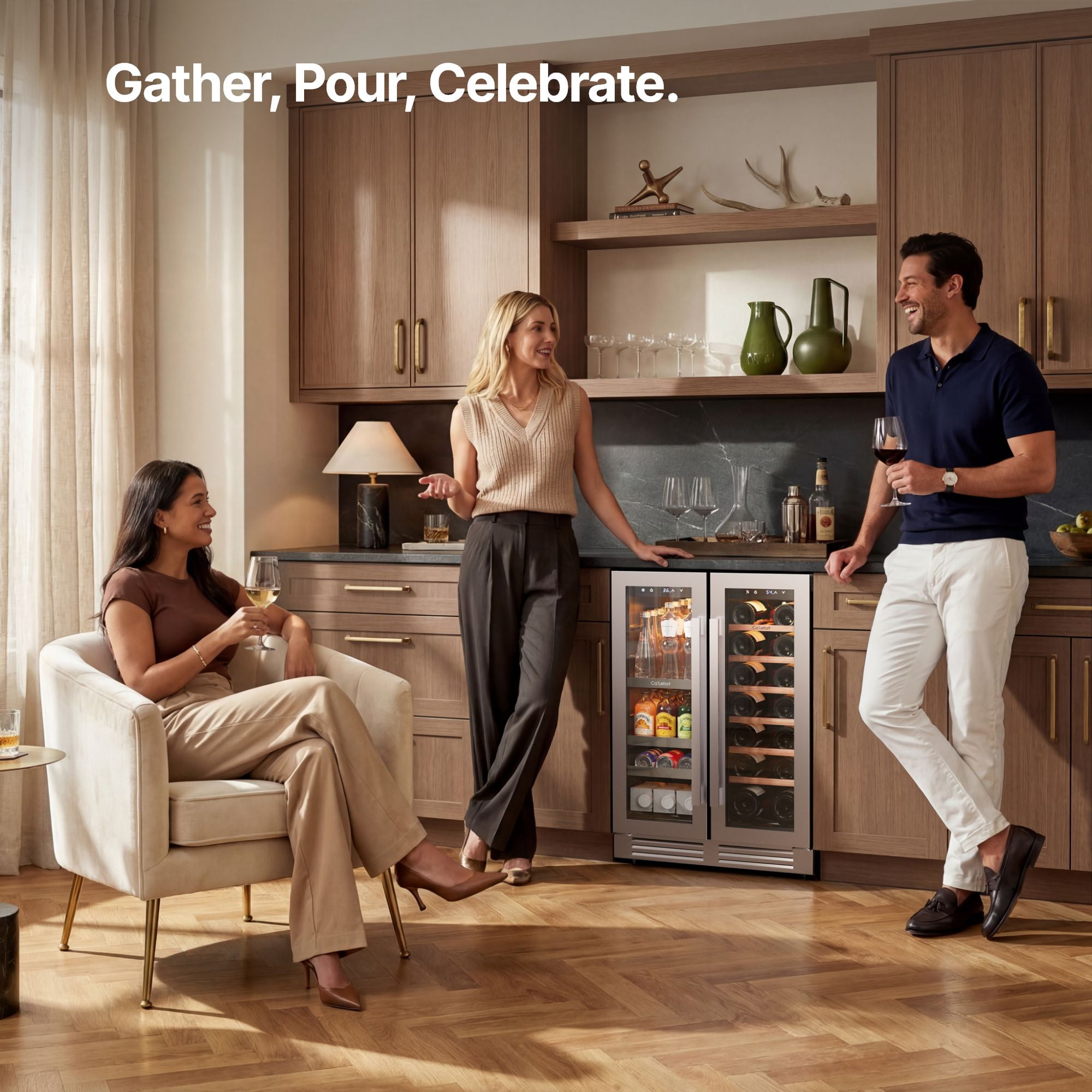 Ca'Lefort 24 inch Wine and Beverage Refrigerator, Hold 60 Cans and 21 Bottles Dual Zone Wine Fridge with Glass French Door, Built-in or Freestanding