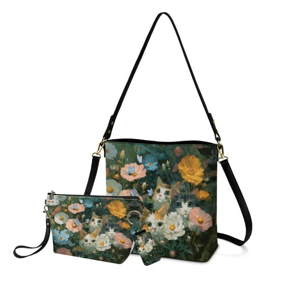 ZUXONGSY Cat Butterfly Daisy Flower Print Bucket Bag for Women with Makeup Bag, 3-in-1 Purse Organizer Set Includes Lip Balm Keychain Holder, PU Leather Crossbody Handbag Gift