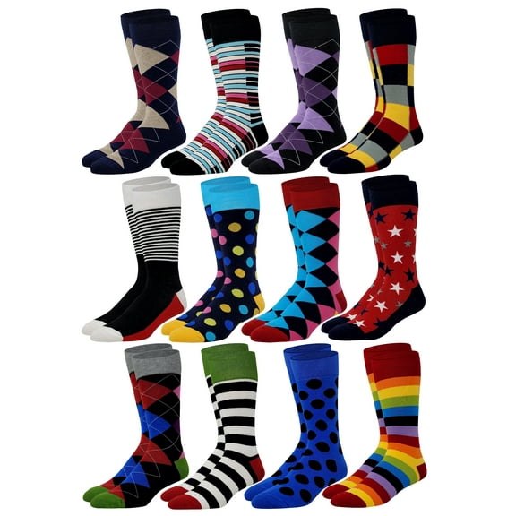 12 Pairs Pack Men's Premium Combed Cotton Fashion Funky Design Dress Socks 10-13
