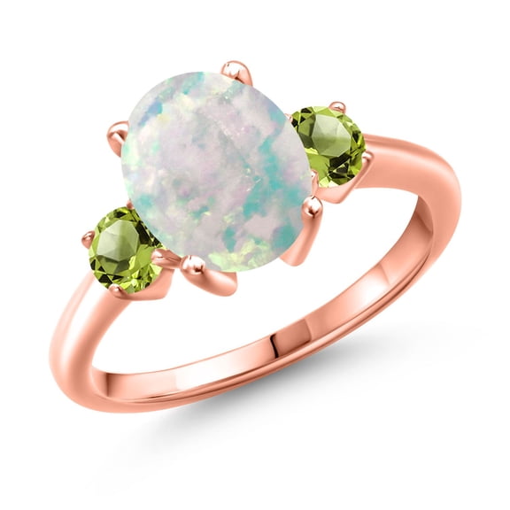 Gem Stone King 2.30 Ct Oval Cabochon White Simulated Opal Green Peridot 18K Rose Gold Plated Silver Ring (Size 8)