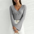 thumbnail image 2 of zaveiop Women's Long Sleeve Bodysuit Tops Wrap V Neck Ribbed Knit Jumpsuit (Grey, M), 2 of 9