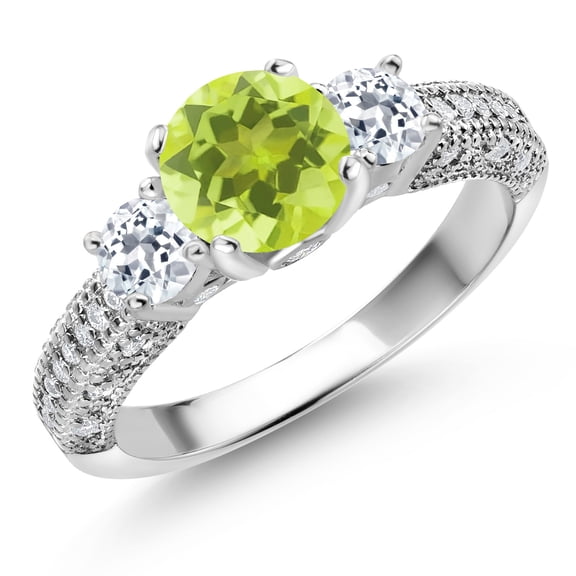 Gem Stone King 925 Sterling Silver Yellow Lemon Quartz White Topaz and White Moissanite Engagement Ring for Women (1.94 Cttw, Gemstone, Round 7MM and 4MM, Size 7)