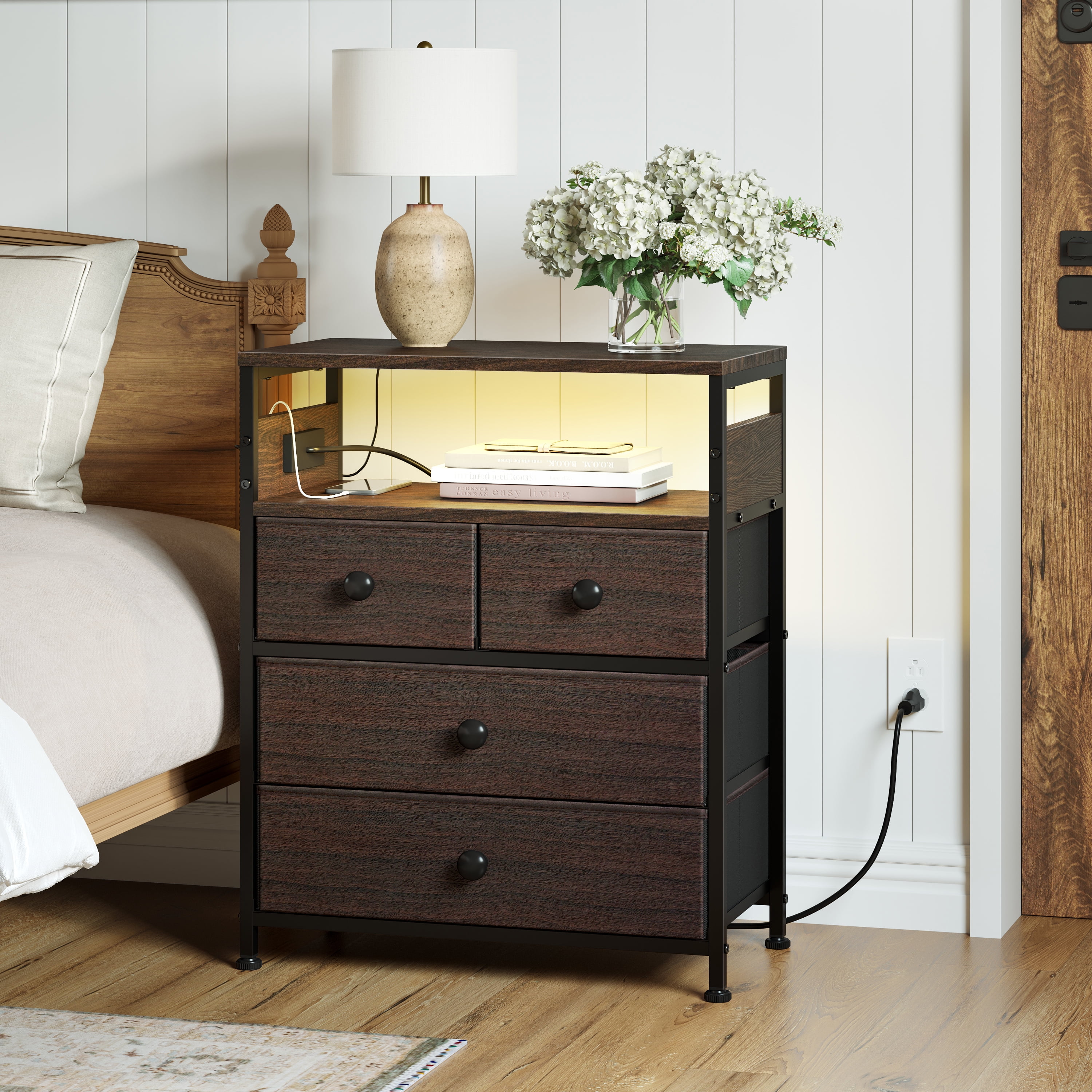 GUNAITO Led Nightstand with 4 Drawers Bedside Table with Charging Station Wide End Table with Storage Shelf for Living Room,Brown
