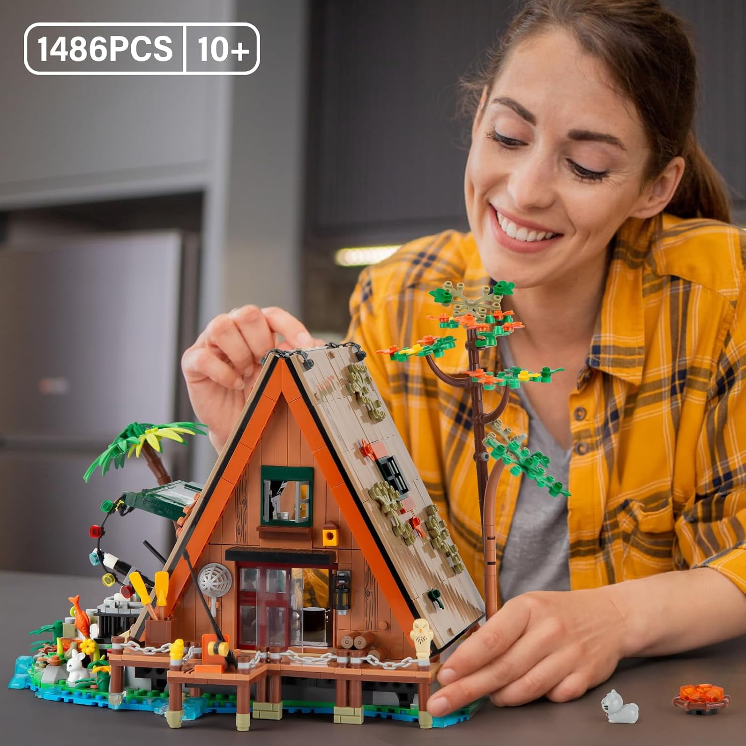 SKQIT A-Frame Cabin Building Set, MOC Ideas Cabin House Collectible Model Kit with LED for Adults, Gifts for Nature and Architecture Lovers (1486 Pcs)