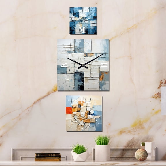 Designart "Cubist Struggle in Blue and White" Abstract Shapes Oversized Wall Clock - Set Of 3 - Extra large Contemporary Clock For Office Décor - Large Vertical Clock