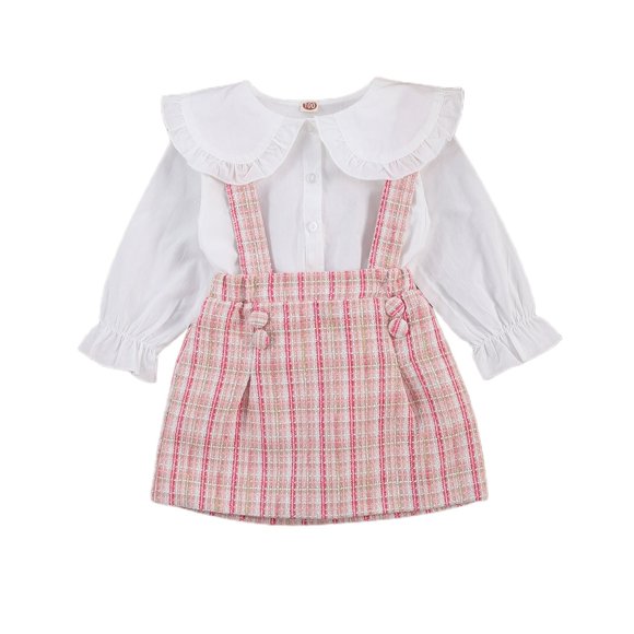 goowrom Jupe pour Filles, Ensemble Chemise à Col Peter Pan Jupe à Bretelles