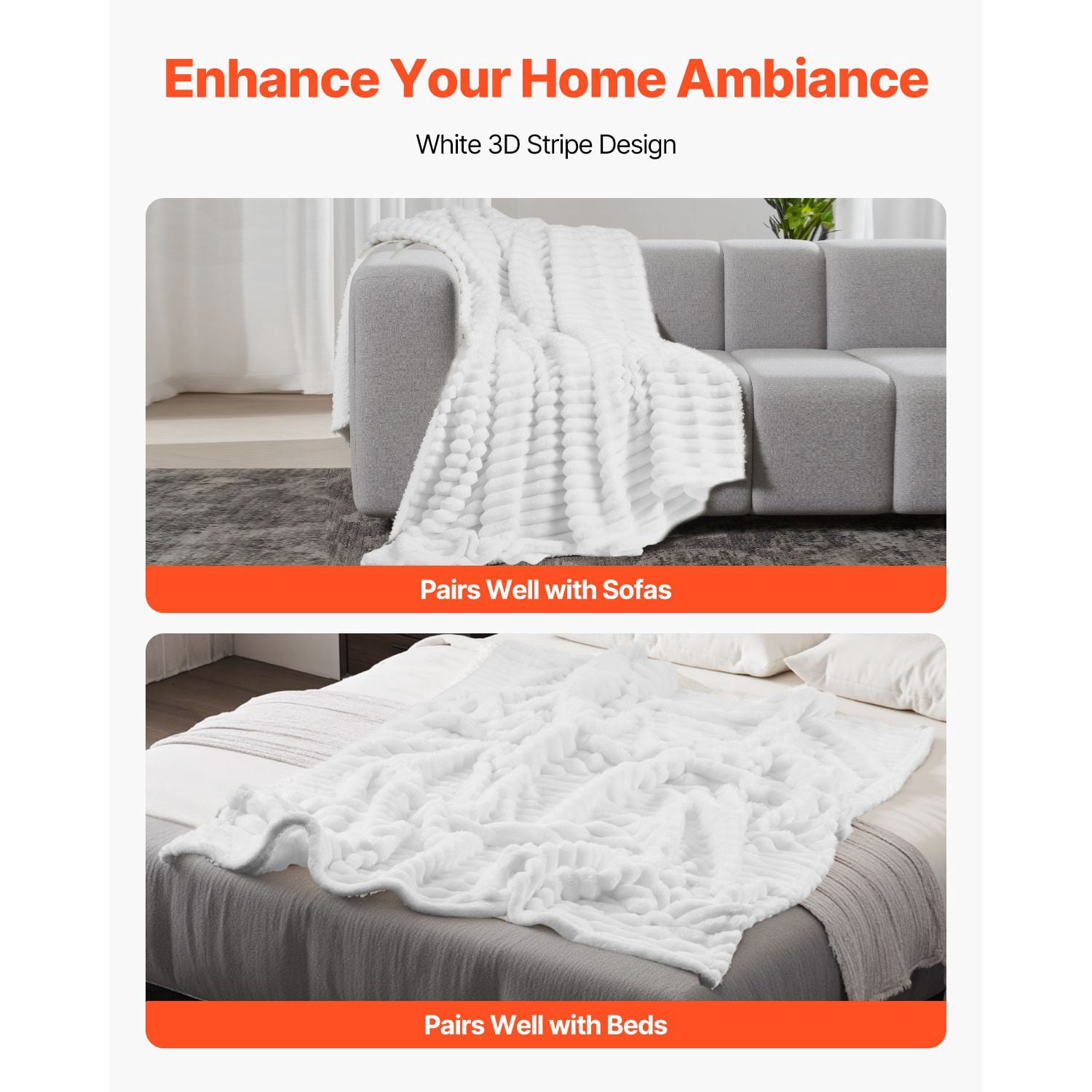 Double-Sided Fleece Blanket 50x60 Inches, Soft and Skin-Friendly Flannel, Lightweight and Warm, Machine Washable, Classic White Ribbed Design for Home and Travel