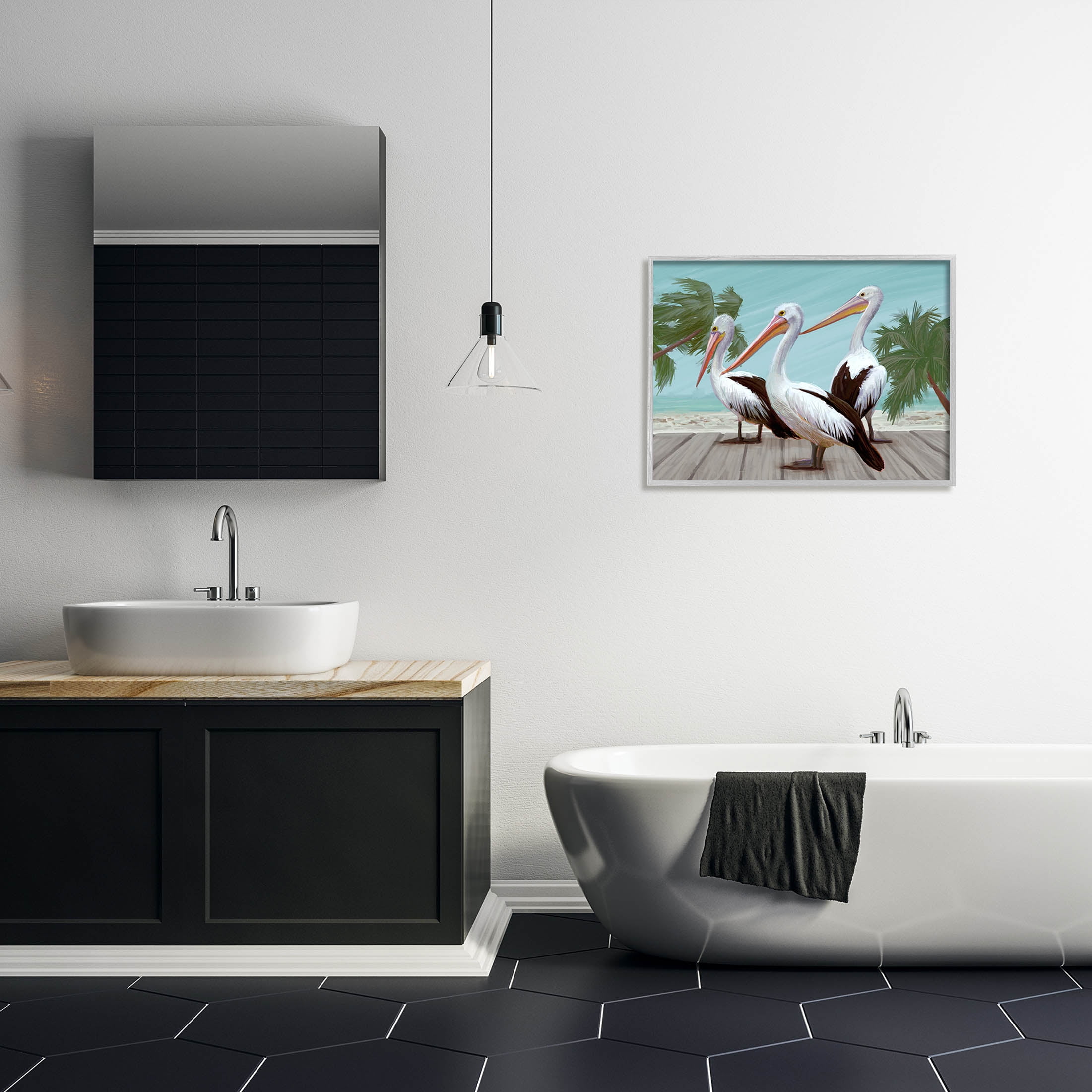 Stupell Industries Tropical Beach Pelicans Palms Graphic Art Gray Framed Art Print Wall Art, Design by Ziwei Li