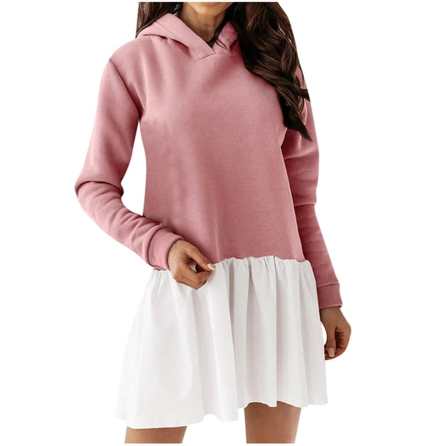 Femmes Pull à Capuche Robe Patchwork Manches Longues Sweat-Shirt Robe Décontractée Coupe Ample Swing Automne Mini Robe