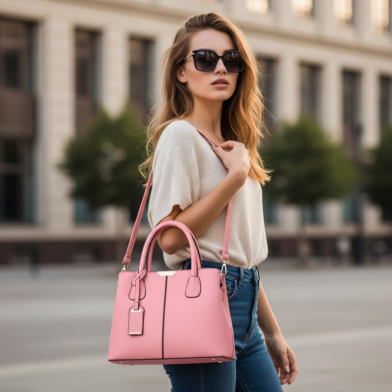 Women’s Large PU Leather Tote Handbag with Removable Shoulder Strap, Roomy Satchel Purse with Multiple Pockets for Work & Travel, 11.8×5.1×8.3 inches(Pink)