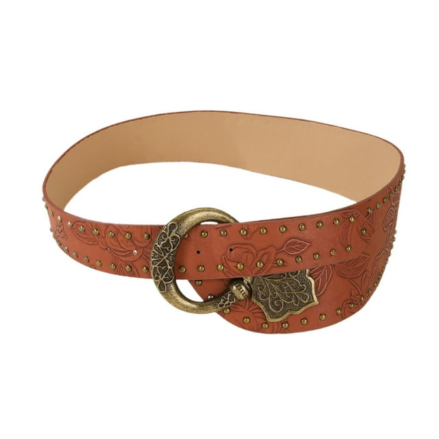 Esquirla Women Wide Belt Brown PU Leather Rivets Patterned Decorative Trendy Hip Belt