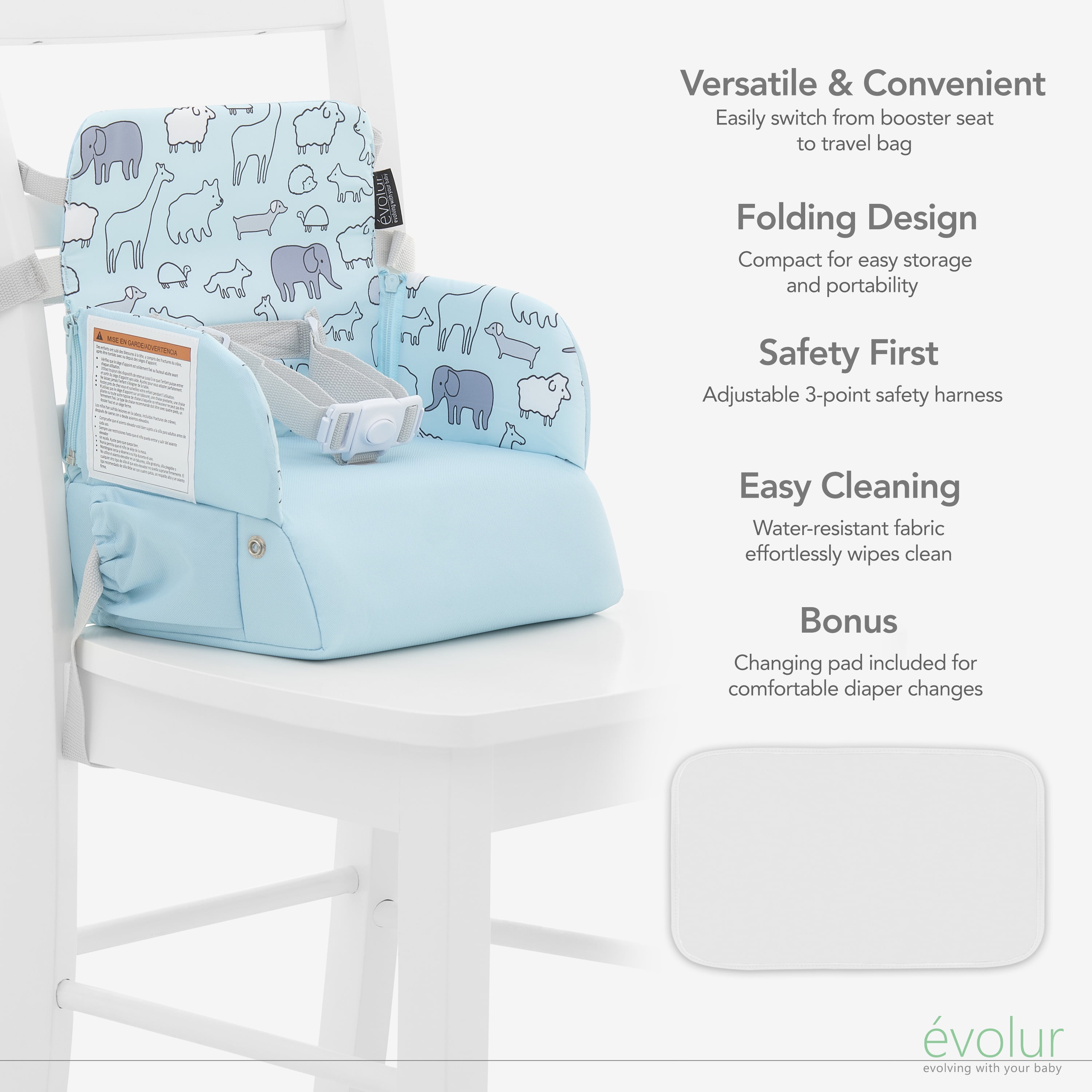 Evolur Snug Packsack 2-in-1 Portable Booster Seat and Travel Bag, Sky Blue