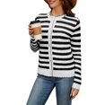 thumbnail image 2 of Women'S Cardigan Sweaters Striped Open Front Button Down Knitted Coat Cropped Fall Outwear White & Black XL, 2 of 8