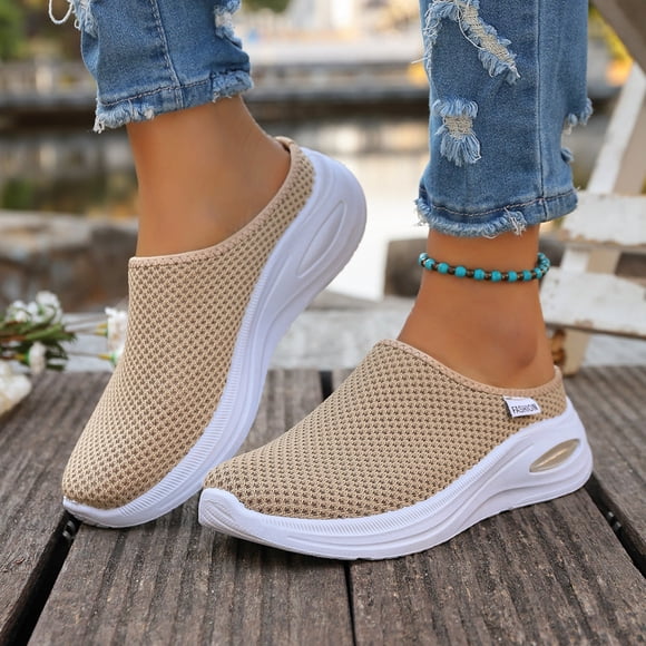Commforr Women's Mules, Slip On Shoes for Women, Casual Shoes for Women, Backless Sneakers for Women, Mesh Shoes, Womens Breathable Mesh Walking Mules Sneakers Open Back Slip On Shoes, Beige, 6.5