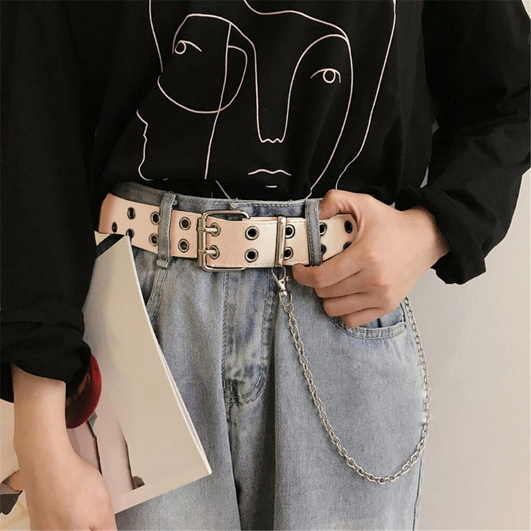 PU Leather Double Prong Buckle Punk Rock Jeans Belt with Chain New Punk Style Women belt PU Leather Double Hole Pin Buckle  main image 2