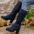 thumbnail image 6 of Xfvqtps Womens Boots Mid Calf Wide Calf Side Zipper Chunky Mid Heel Buckle Strap Almond Toe Casual Commute Heel Boots Blue, 6 of 8