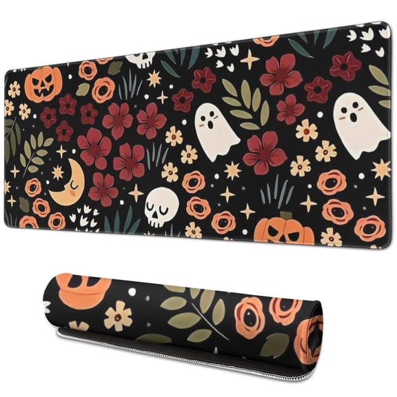 Long Mouse Pads for Desk,Halloween Floral Ghosts Pattern Desk Mats on Top Of Desks, Desk Mouse Pad Extra Large with 3mm Non-Slip Base and Stitched Edge for Gaming,Office,Work,Home 31.5x11.8in