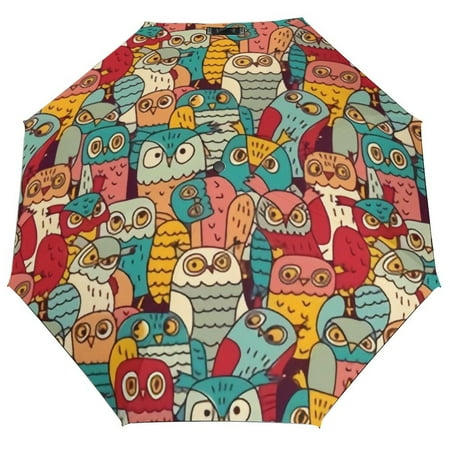 

ANYWAY.GO Windproof & Water-Resistant Compact Foldable Travel Umbrellatotes Funny Owls Birds Group Color Portable Travel Umbrella，Diameter 42.5 in