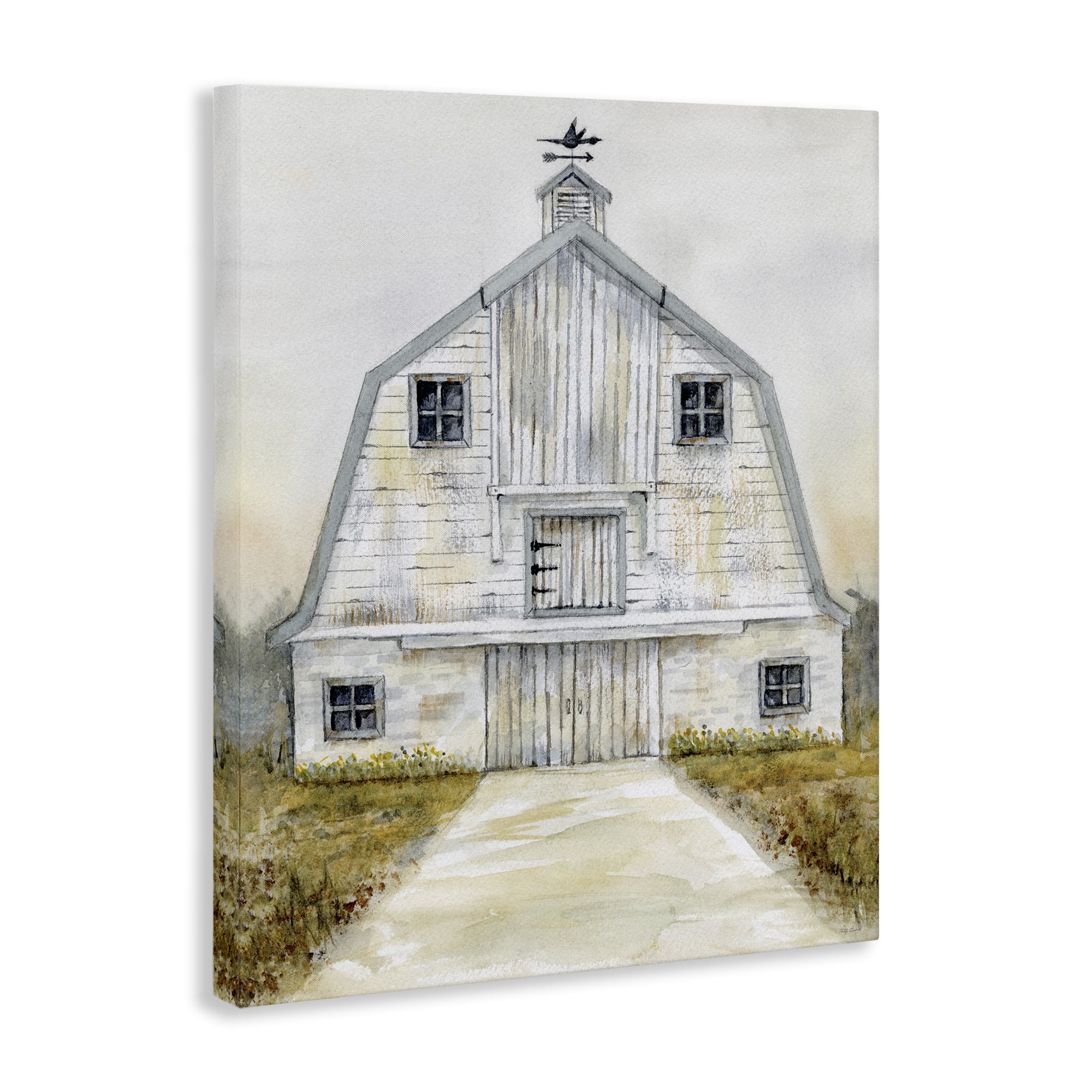 Stupell Industries White Barn Grey Trim Landscape Painting Gallery Wrapped Canvas Art Print Wall Art, 36 x 48