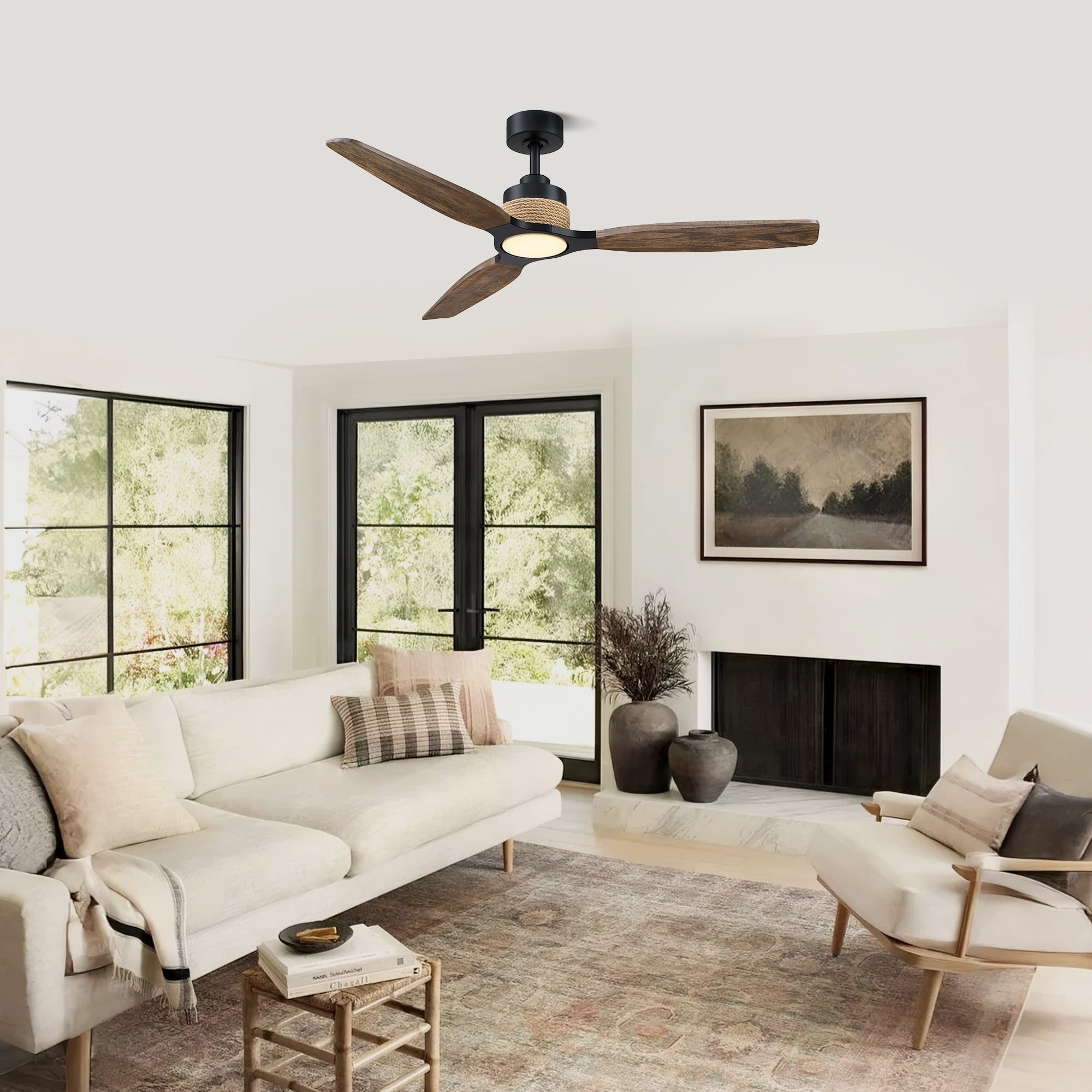 Parrot Uncle 56" Farmhouse Brown Solid Wood Dimmable LED Ceiling Fan with Light and Remote Control, Living Room Ceiling Fan