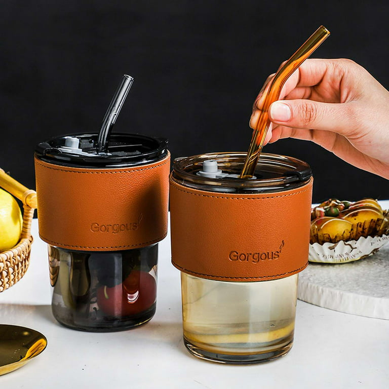 350ml 400ml Coloured Glass Cup Amber Grey Portable Iced Coffee Tumbler Cup  with Plastic Lid and Colour Glass Straw 1 Pc
