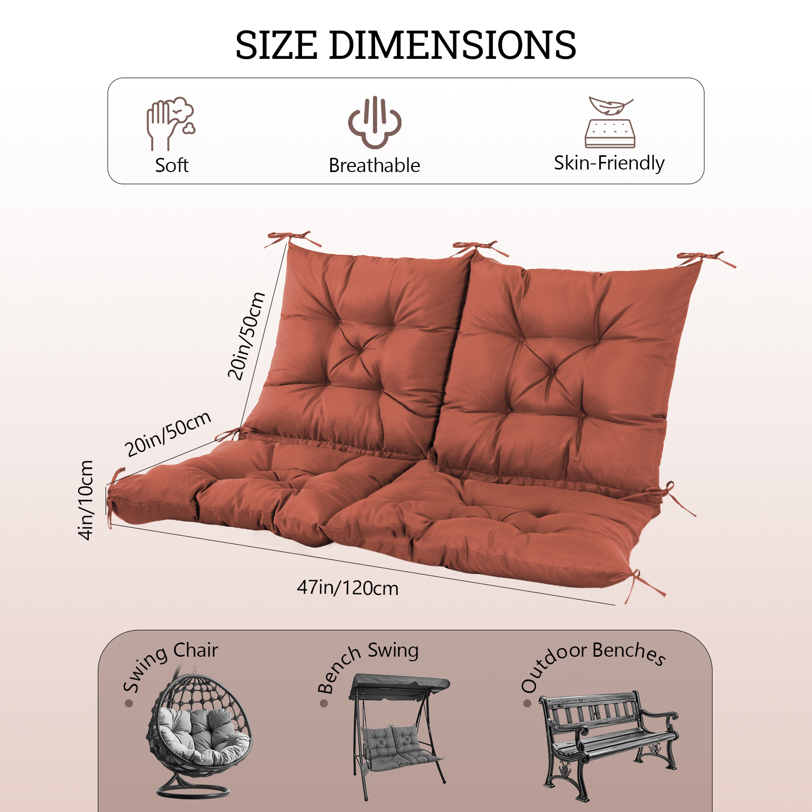 Outdoor Bench Cushion Matalde Swing Chair Cushion Waterproof Sun-Resistant with 8 Nonslip Ties, Deep Coffee 120cm*100cm