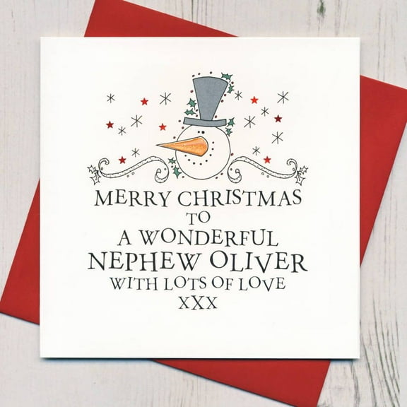 Personalized Christmas Card for Nephew – Cute Snowman Design – Customizable Message – Includes Red Envelope – Perfect Holiday Gift for Family