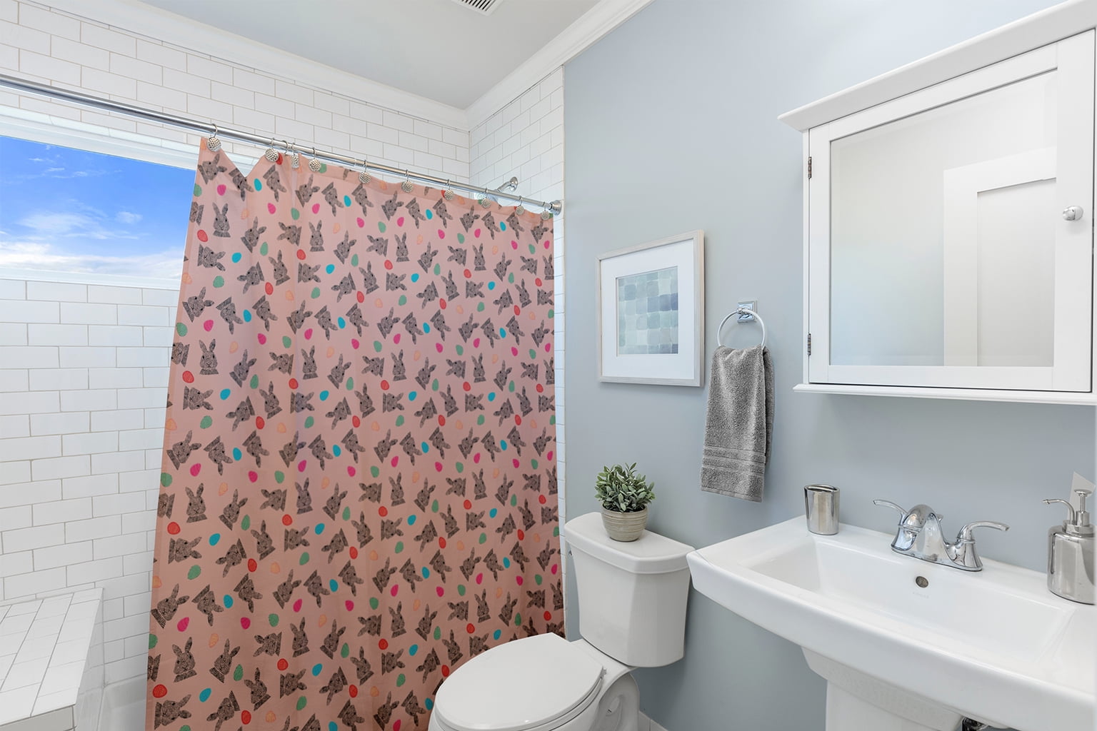 Simply Daisy 70" W x 73" L Bunnies and Eggs Polyester Shower Curtain, Sunwashed Red [1 Ct]