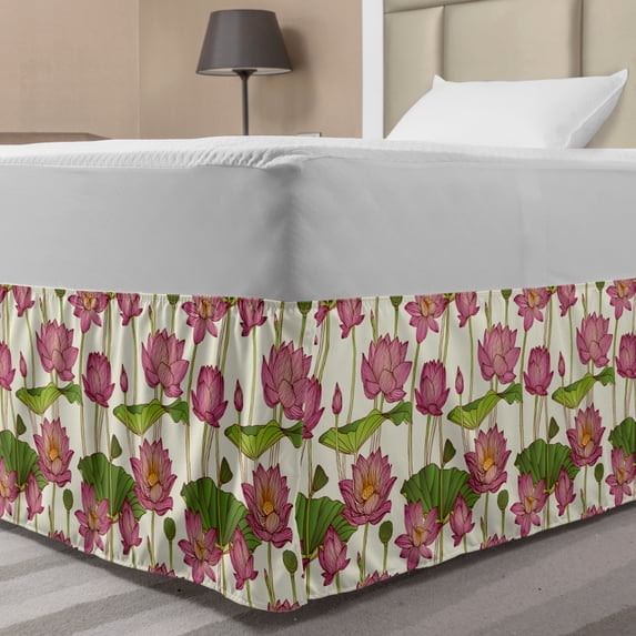 Lotus Flower Bed Skirt, Graphic Ornament Pattern with Pink Lotus Blossoms and Buds, Elastic Bedskirt Dust Ruffle Wrap Around for Bedding Decor, 4 Sizes, Pink Ivory and Green, by Ambesonne
