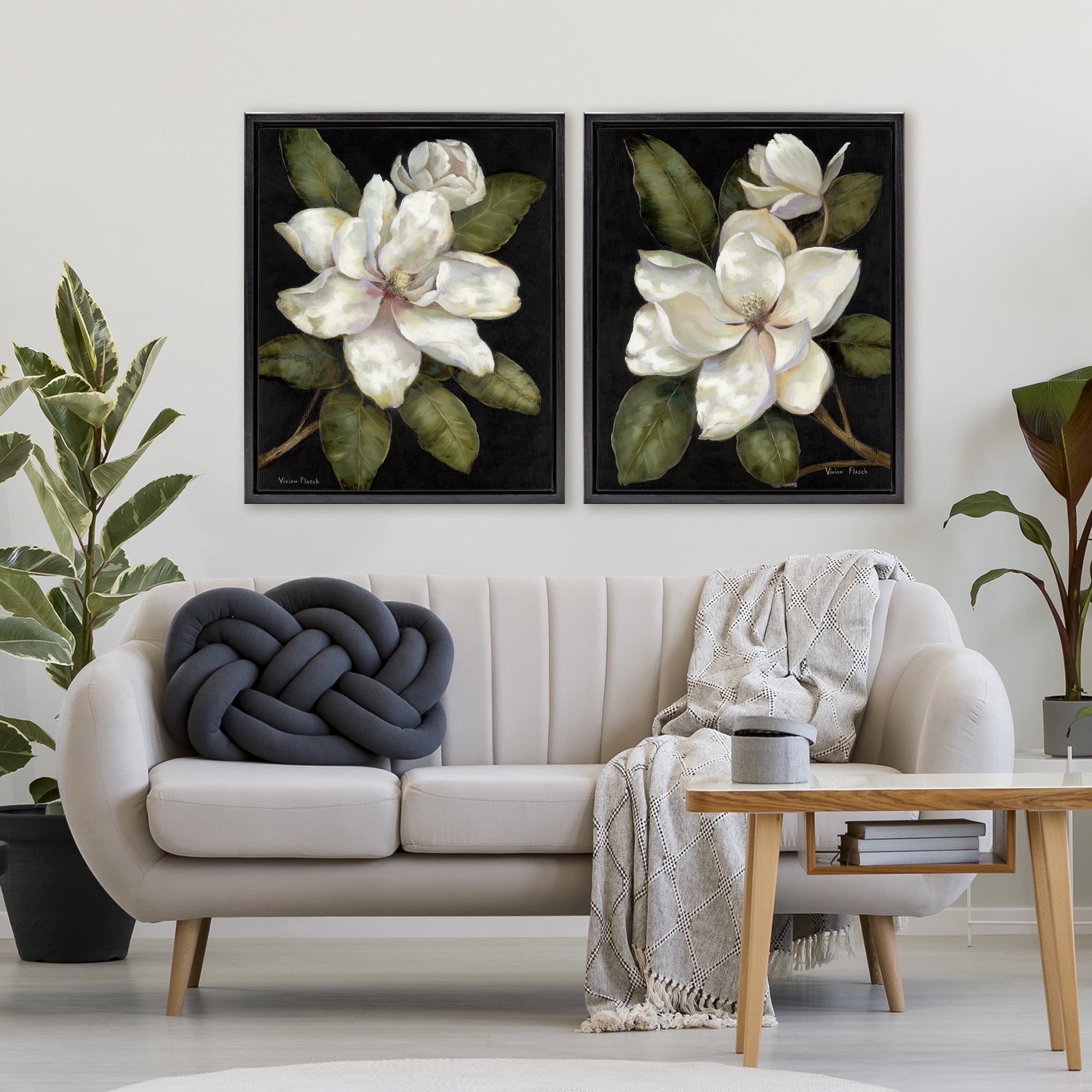 Stupell Industries Magnolia Buds & Blooms 2 Piece Black Framed Floater Canvas Set, design by Nan