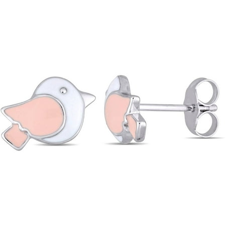Cutie Pie Sterling Silver Kids' Bird Stud Earrings with Pink and White Enamel