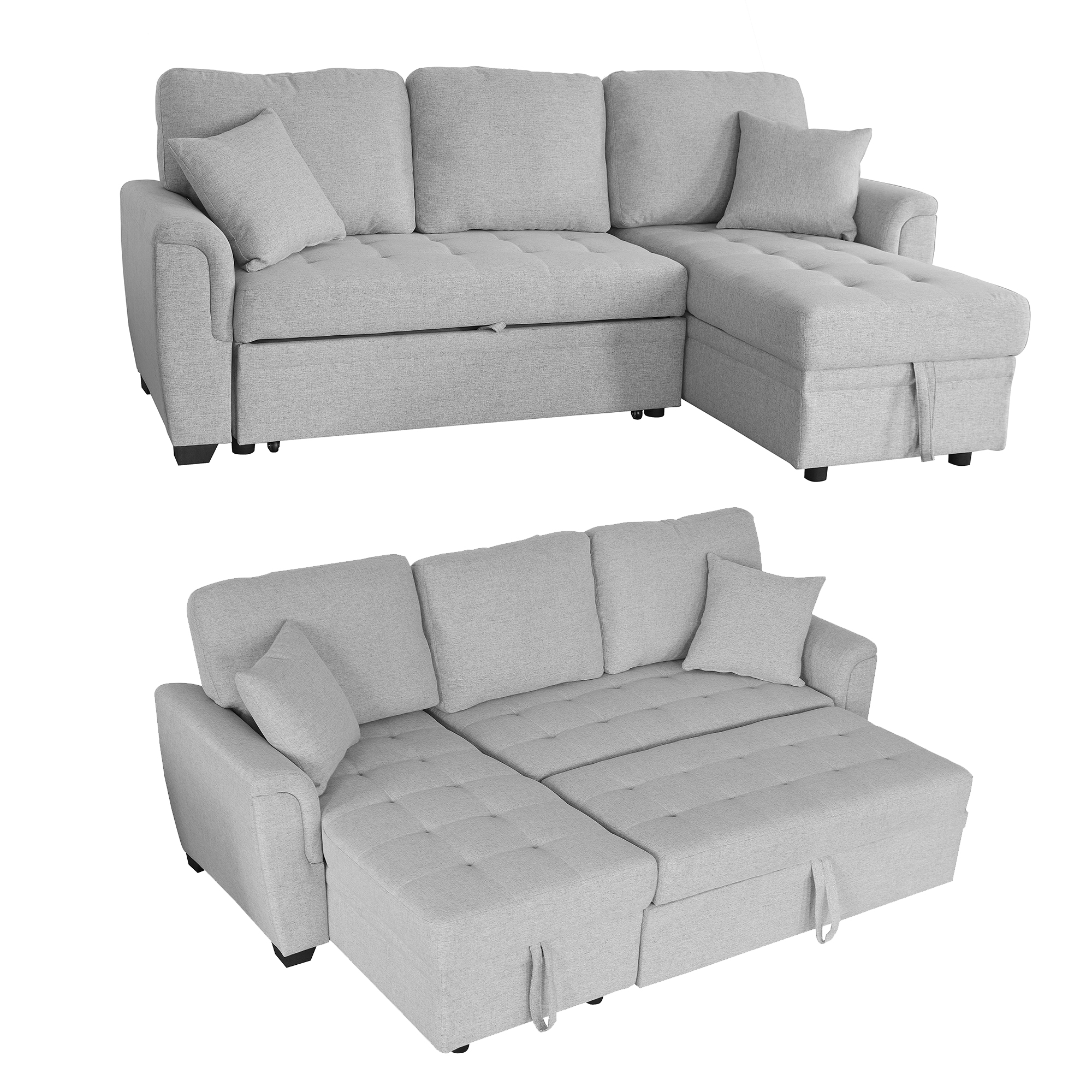 HUTWIFE 86.22" Linen Fabric Sectional Sleeper Sofa with Large Chaise