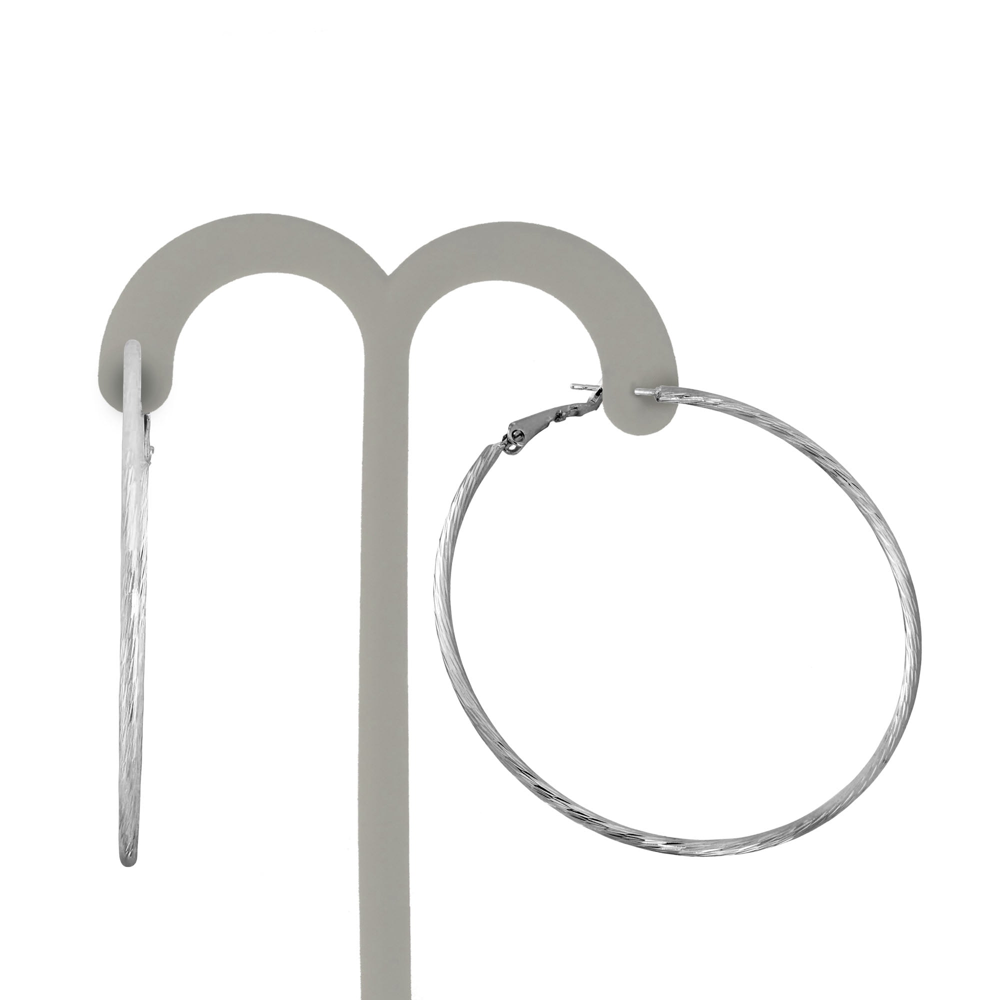 X & O Women's Silver Plated Twisted Diamond Cut 2mm X 60mm Hoop Earrings