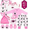 Baby Bright Newborn Clothes for Girl 0 to 3 Months 8 pcs Set Made from 180GSM Bio silk 100% Combed Cotton with Embroidery Includes Bib Mittens Booties Pajama Set Cap and 2 Bodysuits