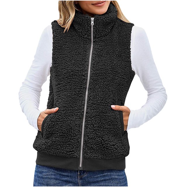 DPTALR Femmes Veste Unie à Fermetures Éclair avec Poches Couleur Peluche Sans Manches à Revers Gilet Manteau Ample