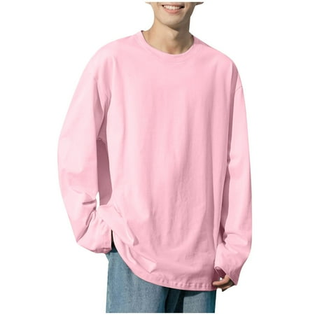 POIUYTR Men s Cotton Long Sleeve T-Shirts Loose Fit Crew Neck Shirts Comfort Casual Base Layer Tee Tops