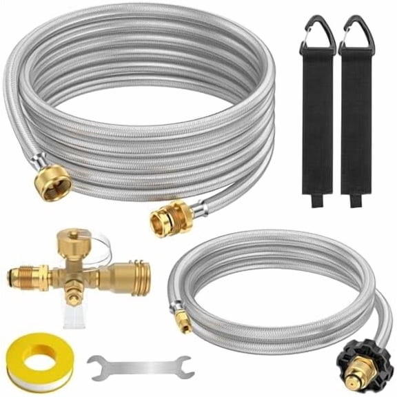 Extend a Stay RV Propane Kit, Propane Gas Brass Tee Adapter with 4 Port for RV or Motorhome, with 5 ft and 12 ft Stainless Steel Propane Hoses for Connecting Auxiliary Propane Bottles or Appliances