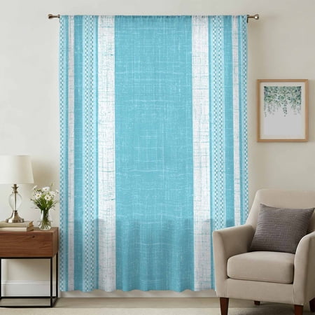 Vintage Cyan Blue Striped Sheer Curtains 45 Inches Long Farmhouse Modern Stripes Boho Light Filering Curtains Breathable Simi Curtain Privacy Drapes for Kitchen Bathroom Window Treatment