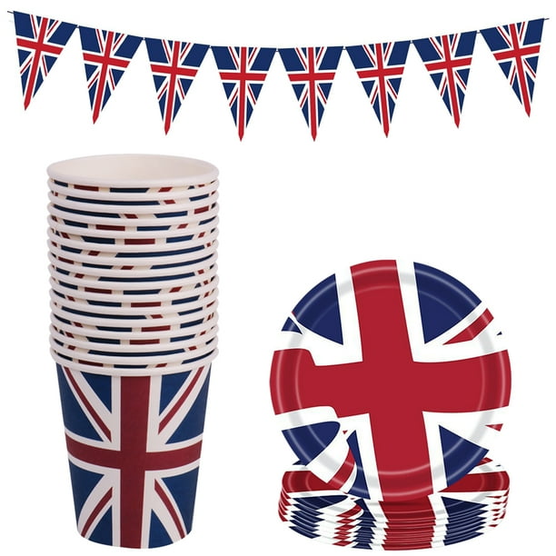 KAKOWELY 1 juego de vasos de papel con la bandera del Reino Unido, platos para servir comida para fiestas, vasos de papel desechables con pancarta para fiestas