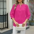 thumbnail image 6 of Olyvenn Keyhole V Neck Puff 3/4 Length Sleeve Womens Tops Dressy Casual Chiffon Work Blouses Pleated T-Shirts Loose Fit Shirts Hot Pink 12-14, 6 of 8