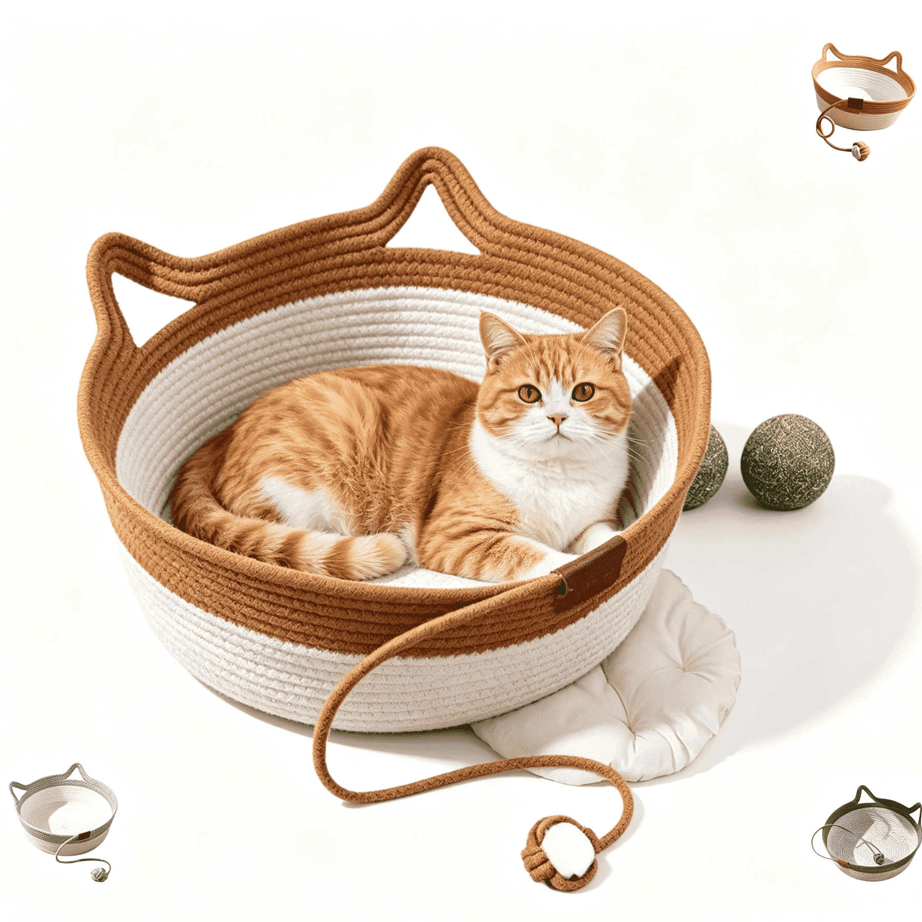Cat Beds Handwoven Cat Basket with Rope Ball, Foldable Scratchable Hammock with Cat Ear Design, Breathable & Easy to Clean
