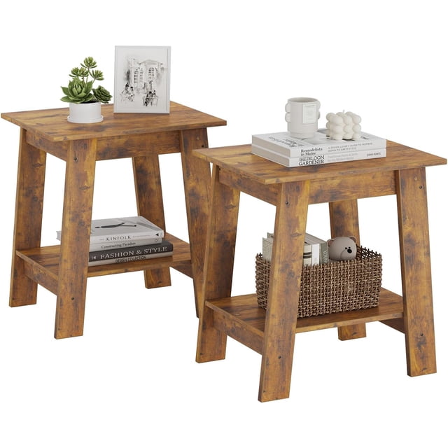 2PACK End Table, Side Table with 2-Tier Storage Shelf, Sofa Table for Small Space, Square Nightstand for Entryway, Farmhouse, Living Room, Easy Assembly