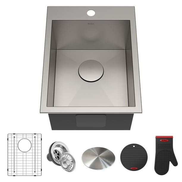 KRAUS 15 x 20 inch Pax Drop-In Topmount 16 Gauge Zero-Radius Single Bowl 1-Hole Stainless Steel Kitchen Sink