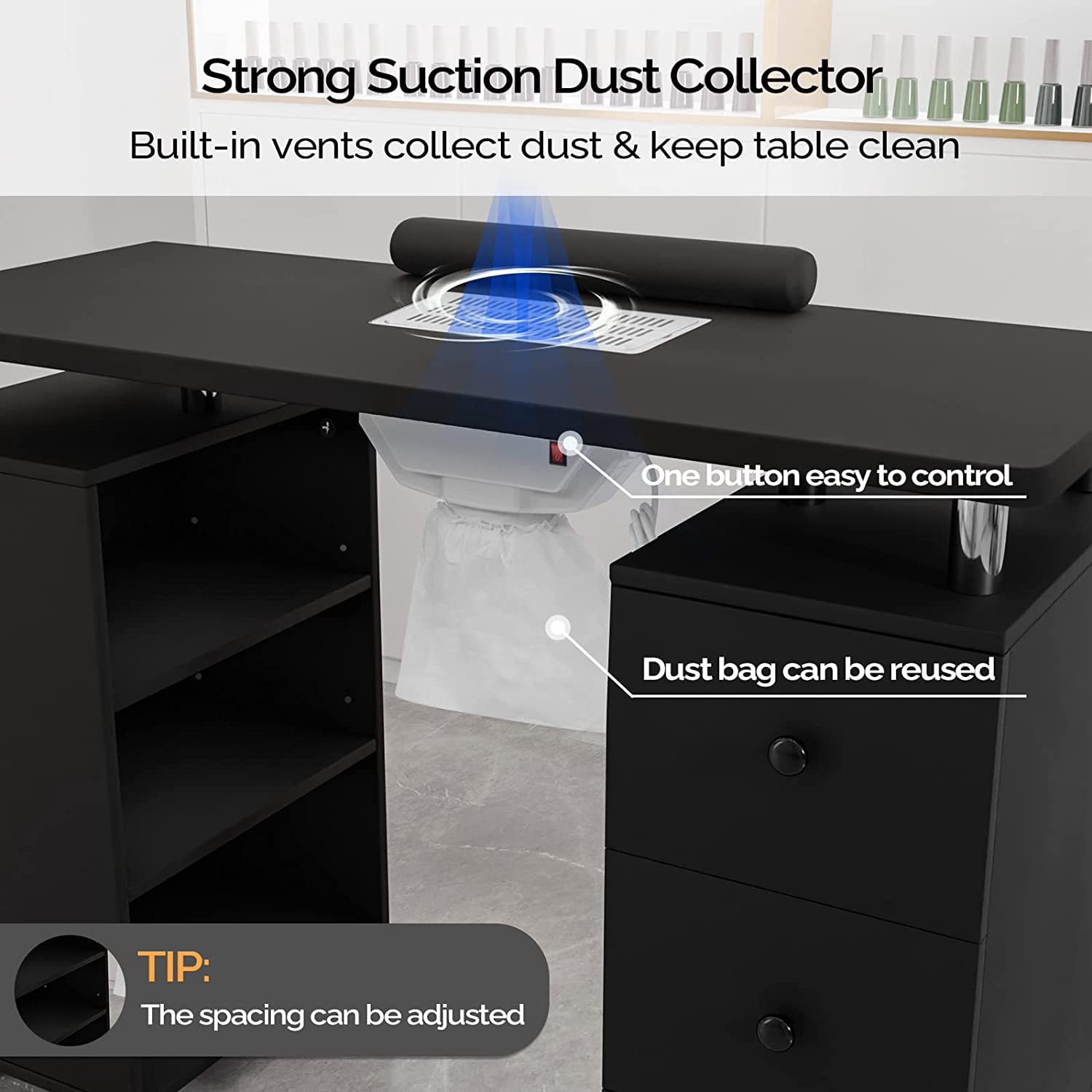OmySalon Nail Desk Manicure Table for Nail Tech w/Electric Dust Collector, Portable Nail Table Station Beauty Salon Supplies Acetone Resistant w/Lockable Wheels,Wrist Cushion,3-Tier Shelves&Drawers